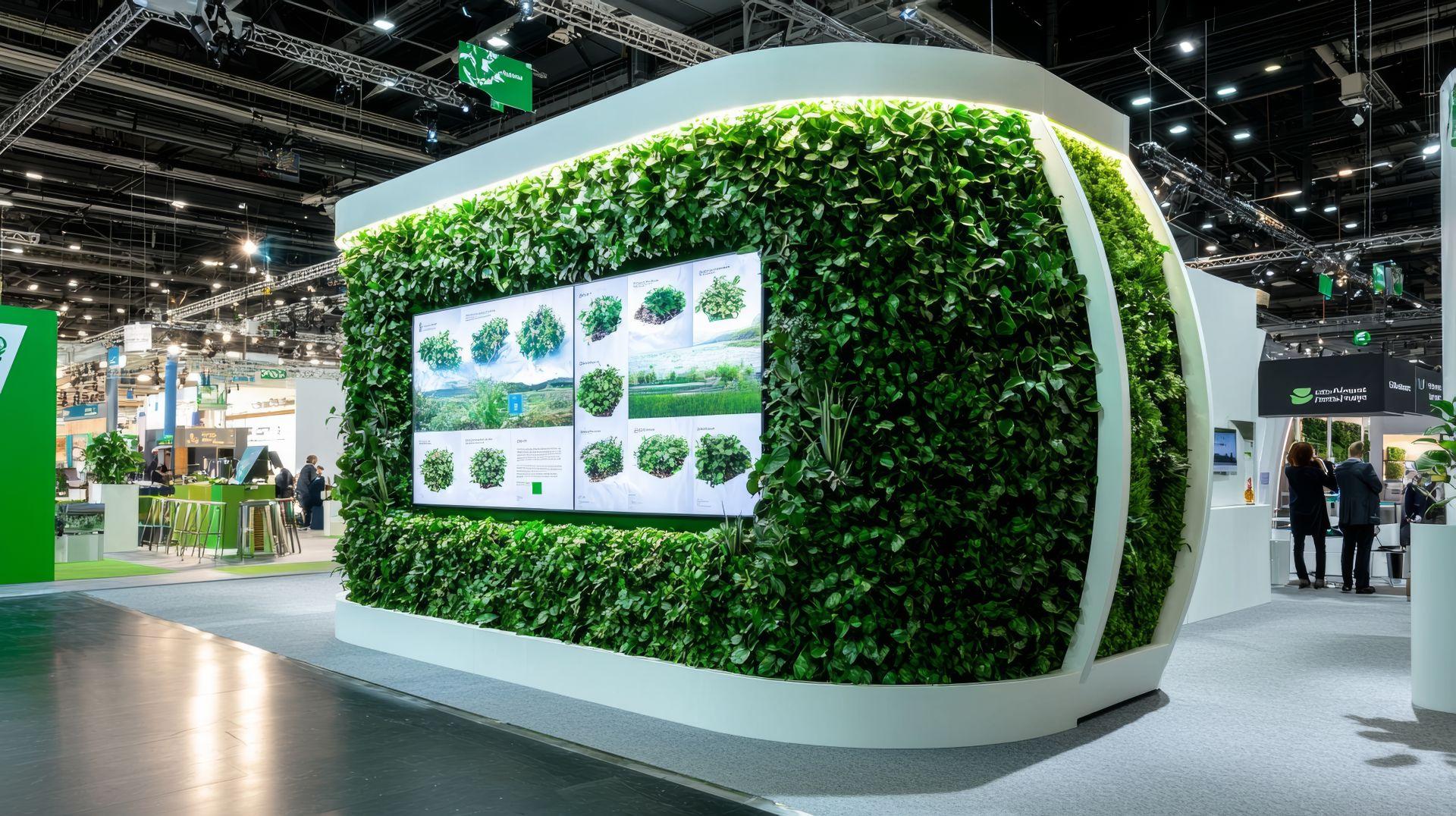 Moderne Messewand mit integrierter Digitalanzeige und grüner Pflanzenverkleidung auf einer Fachmesse