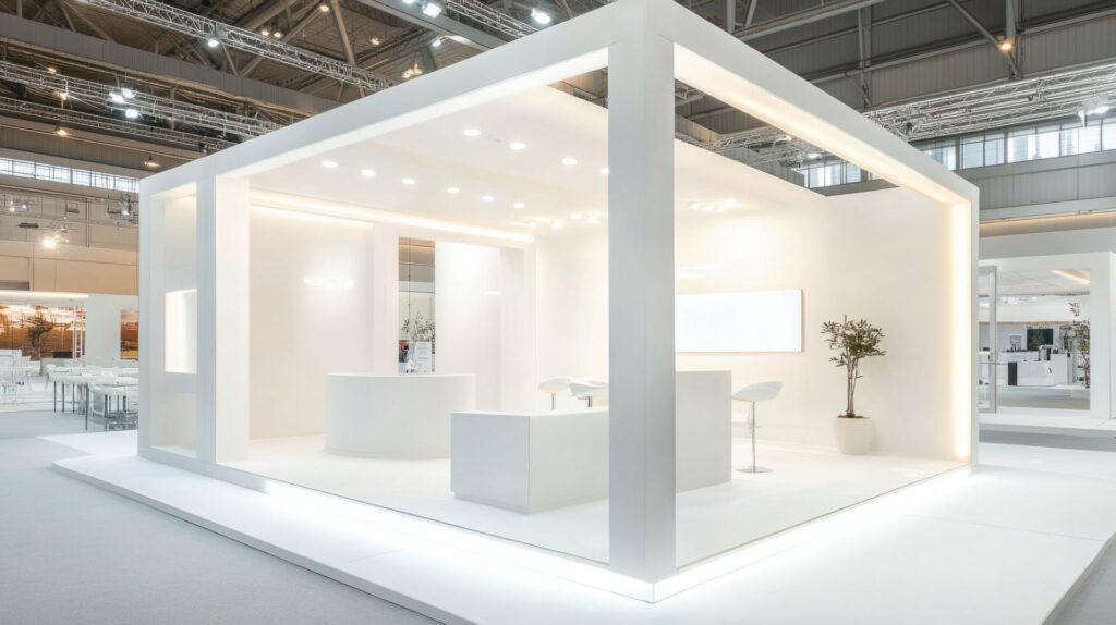Reduzierter, weißer Messestand mit integrierter Beleuchtung und klarer Struktur – modernes Designbeispiel