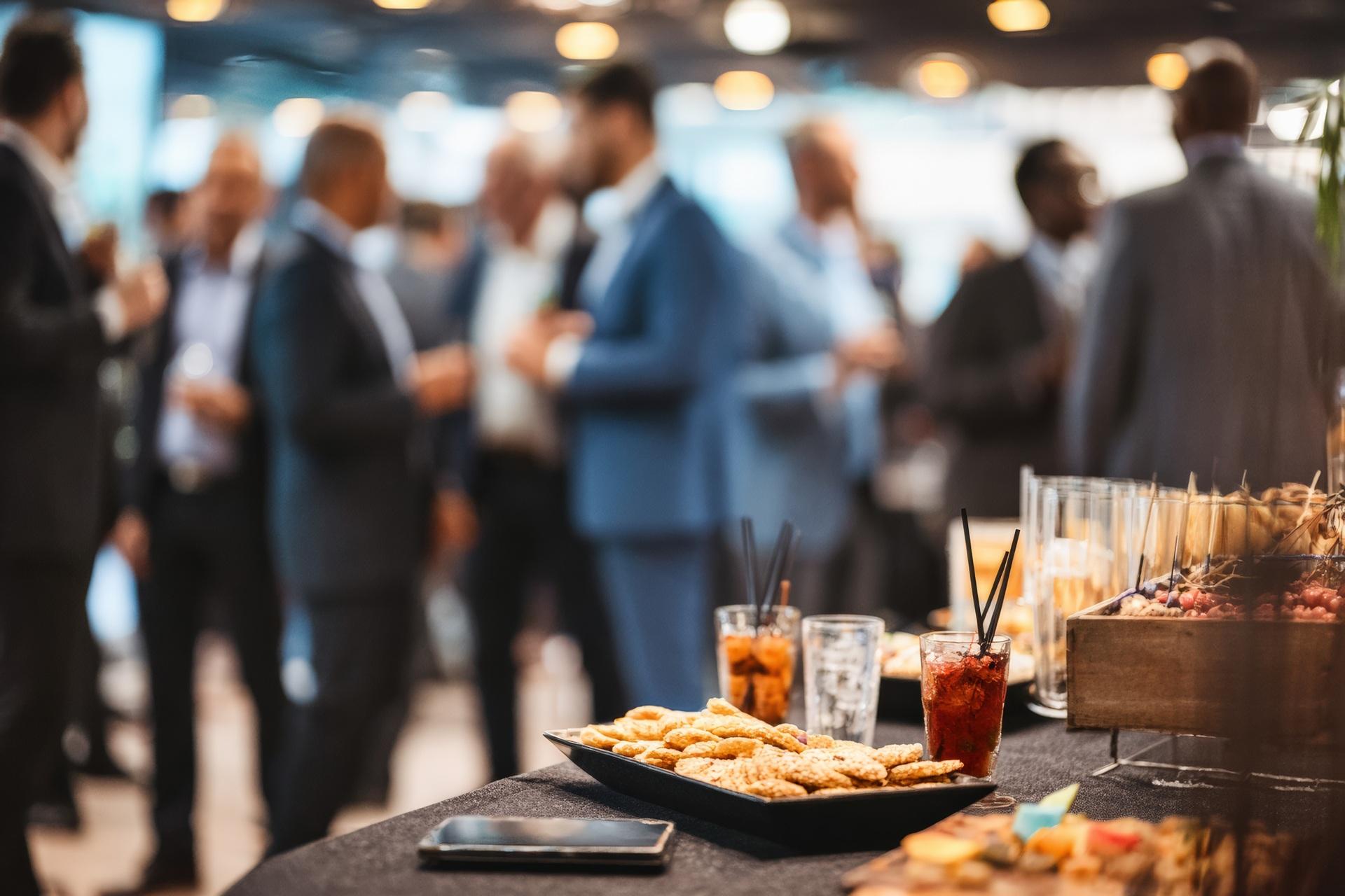 Snacks und Getränke auf Business-Buffet mit Gästen im Hintergrund | Stehtische