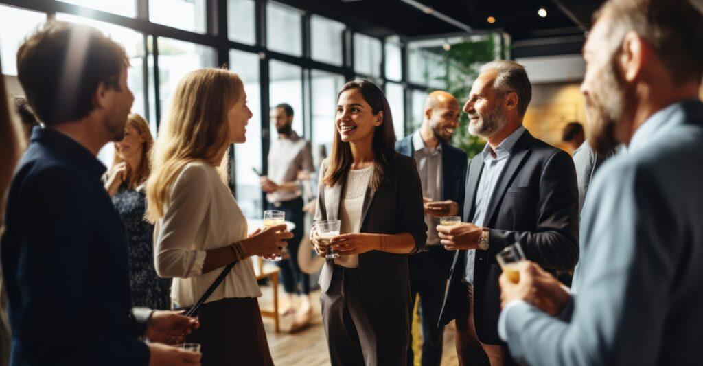 Gruppe von Geschäftsleuten im Gespräch bei Event | Stehtische